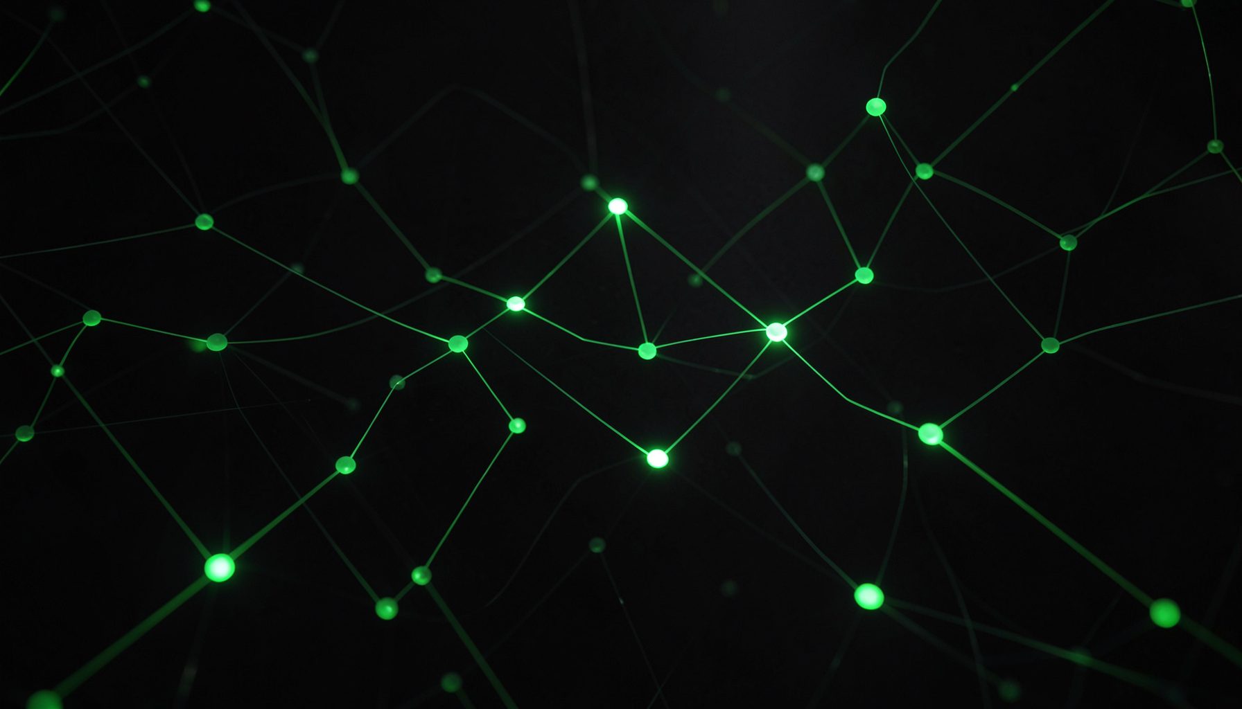 Dark atmospheric abstract with glowing green nodes connected by thin lines, evoking blockchain network topology