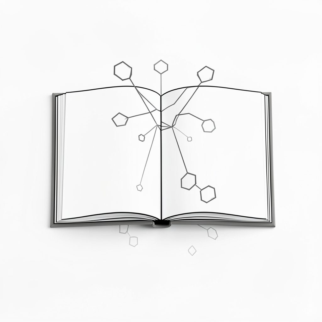 Line-art illustration of an open magazine with abstract geometric blockchain nodes radiating outward, suggesting podcast and media
