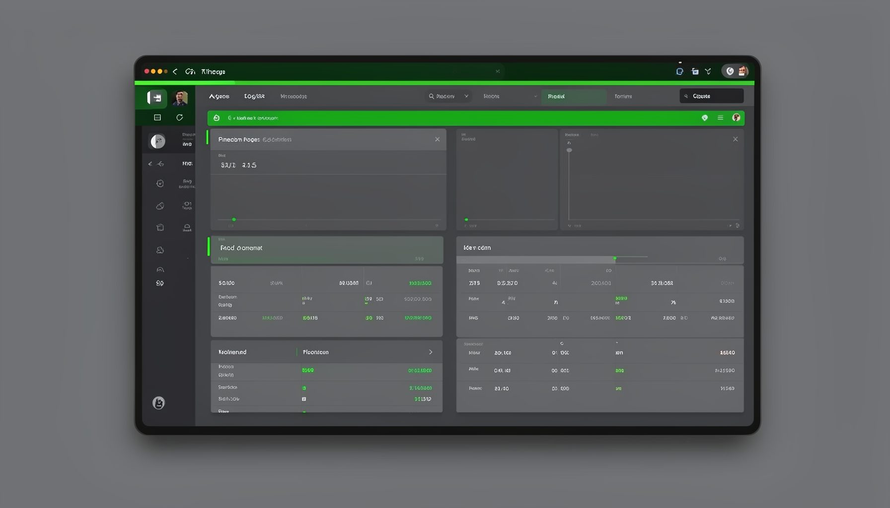 A sleek digital dashboard with green accent bars and grey data panels, suggesting cryptocurrency market analysis