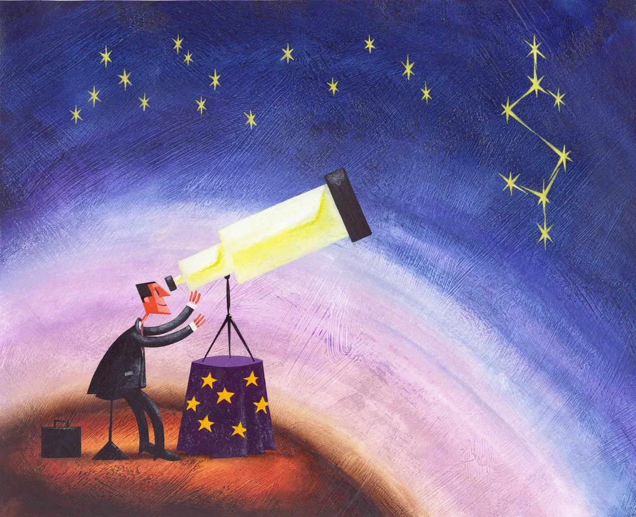 Stylized businessman figure looking through a telescope at stars and a constellation against a dark background
