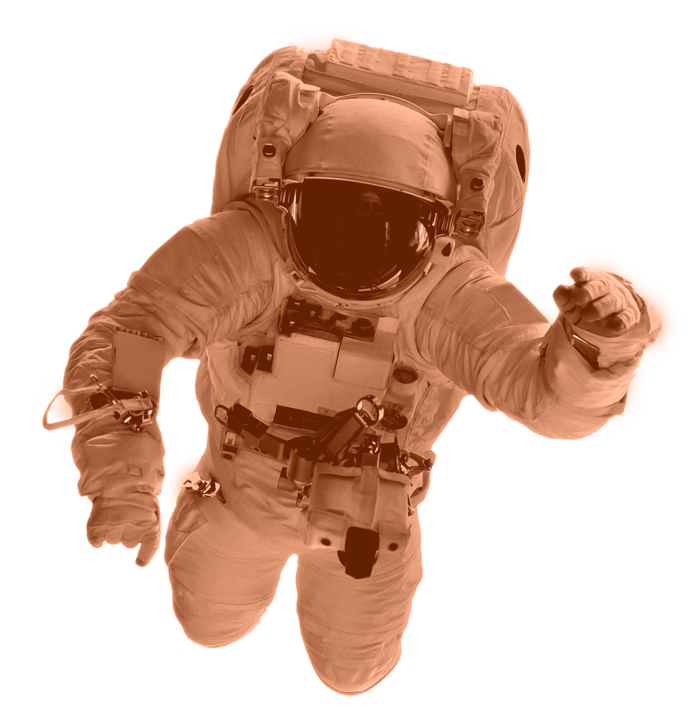 Close-up of an astronaut in a full spacesuit floating against a plain background, tinted orange, evoking exploration