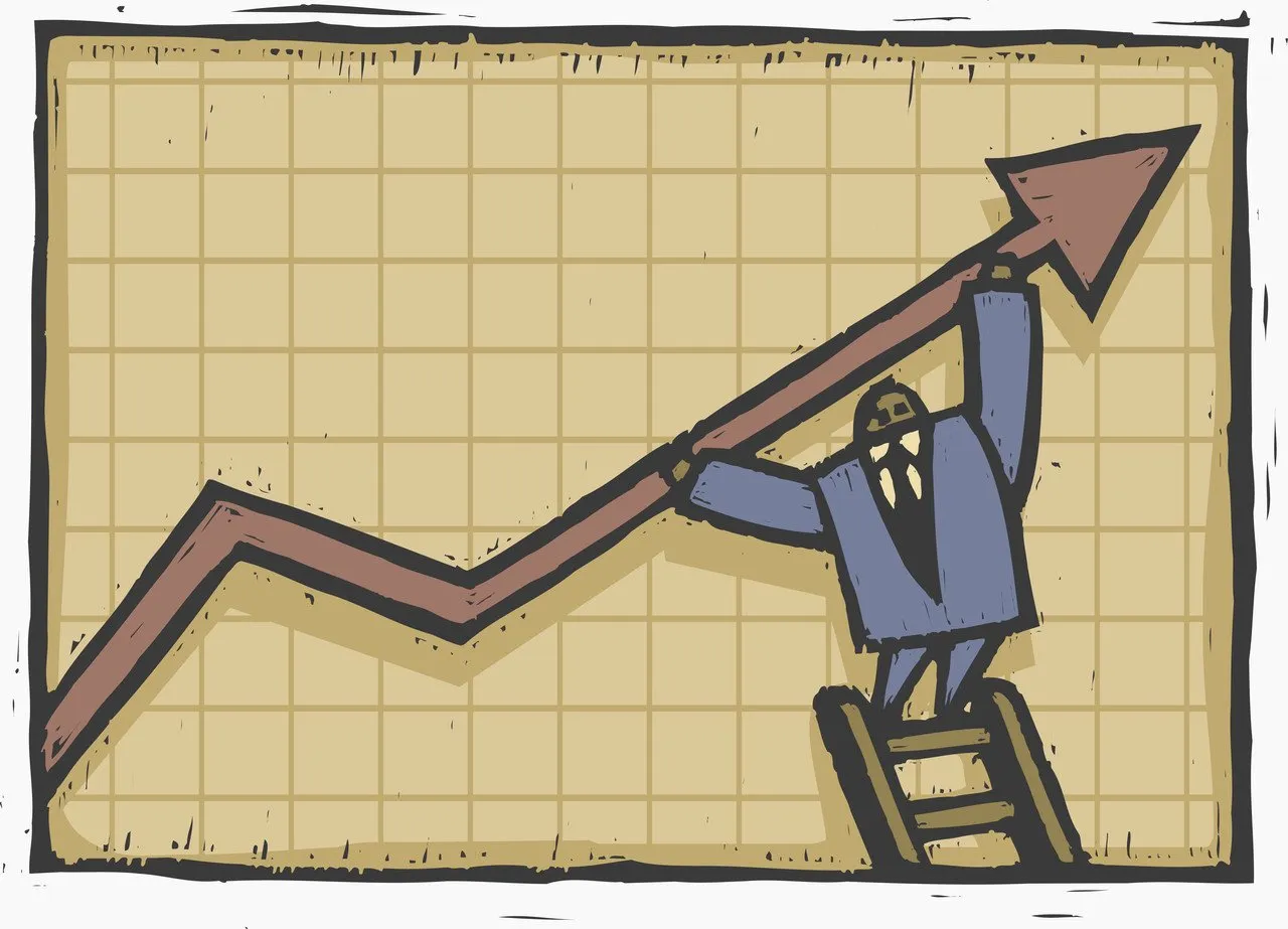 Woodcut-style illustration of a stylized businessman climbing a ladder to push an upward trending arrow graph line higher