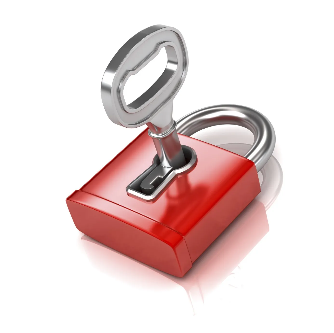 Digital illustration of a silver key inserted into a red padlock on white background, symbolizing privacy and security