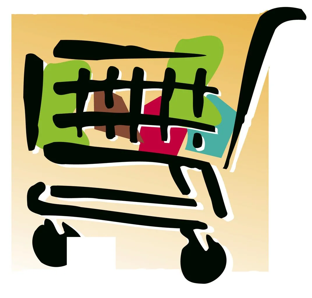 Abstract, colorful illustration of a shopping cart filled with brightly colored geometric shapes representing goods