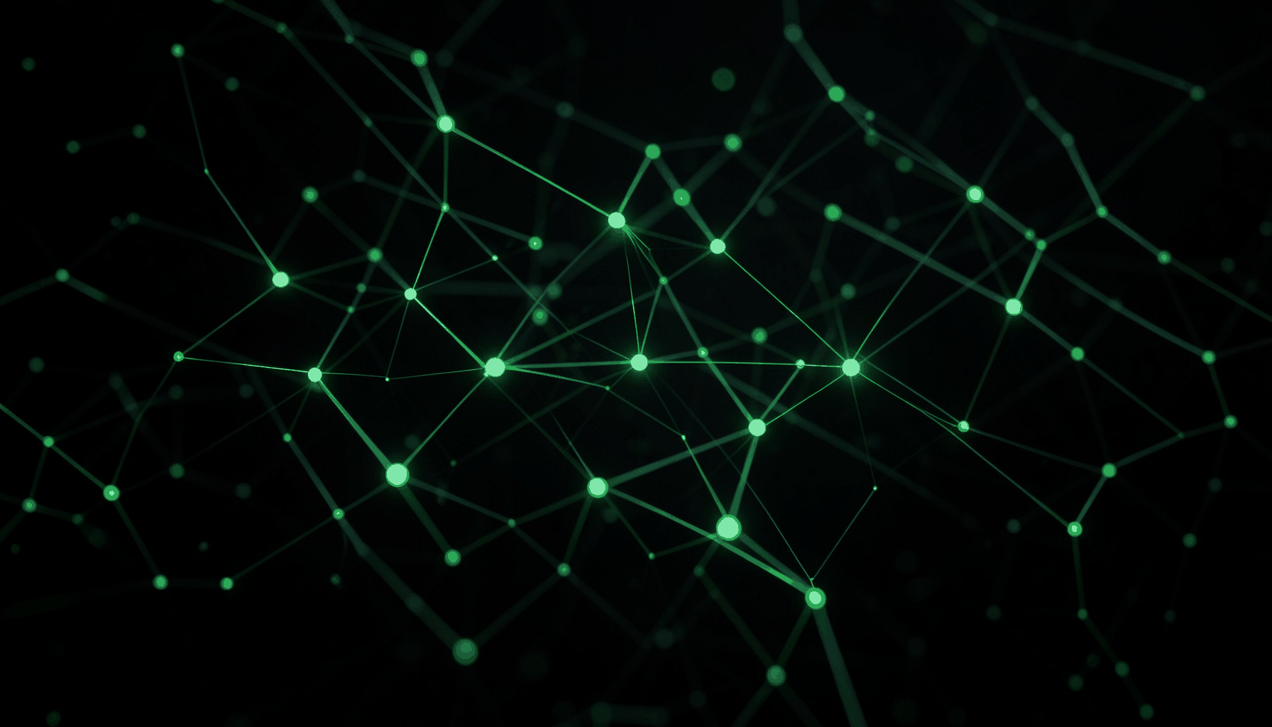 Dark atmospheric abstract image with glowing green nodes connected by thin lines, evoking blockchain network topology and hidden market forces.