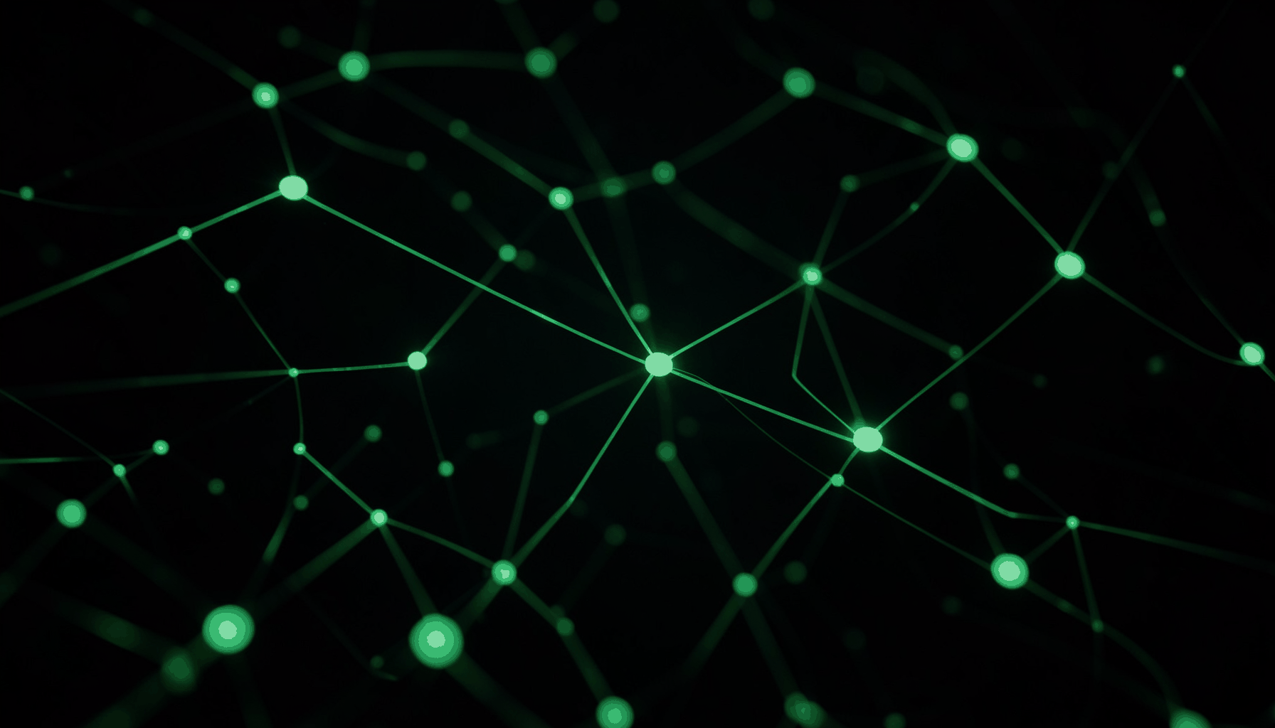 Dark atmospheric abstract image with glowing green nodes connected by thin lines, evoking blockchain network topology